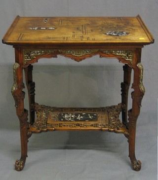 A 19th Century Anglo-Japanese rectangular hardwood and inlaid mother of pearl table, carved throughout and with pierced bronze ormolu fret work decoration and undertier, with Edwards & Roberts label to the base 29"