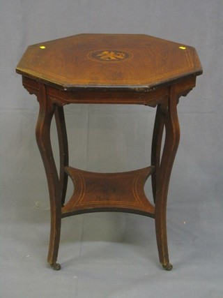 An Edwardian octagonal inlaid rosewood 2 tier occasional table raised on splayed supports 25" the base marked Robinsons Ledlie Ferguson of Belfast