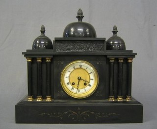A 19th Century French 8 day striking mantel clock with porcelain dial and Roman numerals contained in a domed architectural case