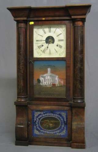 A Brass Clock 8 day striking wall clock with 8" square dial contained in a mahogany case, the door decorated a print of "The Merchant's Exchange Philadelphia"
