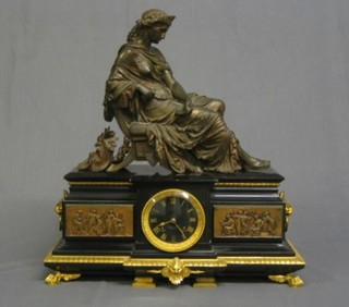 A Victorian French 8 day striking mantel clock contained in a black marble and gilt ormolu mounted case with relief panels, surmounted by a "bronze" figure of a reclining lady signed E Hebert