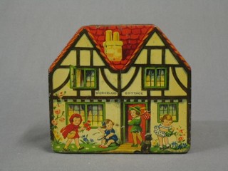A Macfarlane Lang & Co money box biscuit tin in the form of Wonderland cottage, a tin of HMV manual gramophone needles, a gilt metal compact, an amber cheroot holder, 2 multi purpose tools and 1 vol "Practical Notes on Screw Cutting"