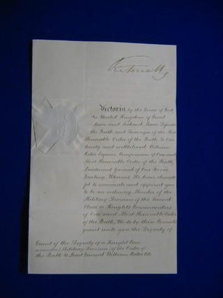 A Victorian Order of the Bath letters patent to Lieutenant General William Coato, granting him a KCB, bears Victoria's signature and the Secretary of State for  War