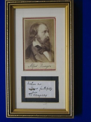 A Victorian black and white portrait photograph of Lord Alfred Tennyson by Erdman & Schanz of Wandsworth, together with a slip of paper signed Yours faithfully Alfred Tennyson