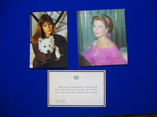 A signed colour photograph of The Princess Grace of Monaco 6 1/2" x 5", a signed photograph of Princess Sophie 6" x 4" and a condolence card - Deeply touched by your sympathy on the occasion of the death of beloved Princess Grace, the Prince and his children wish to express there sincere gratitude for your compassion Palace of Monaco September 1982, together with envelope