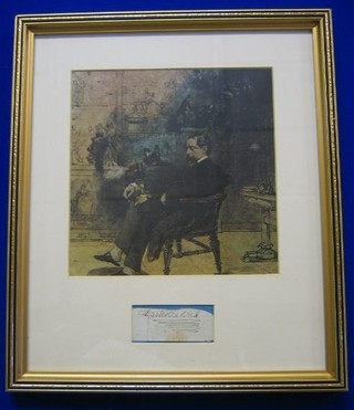 A Charles Dickens signature on a slip of paper 1 1/2" x 3" framed, surmounted by a print of Dickens