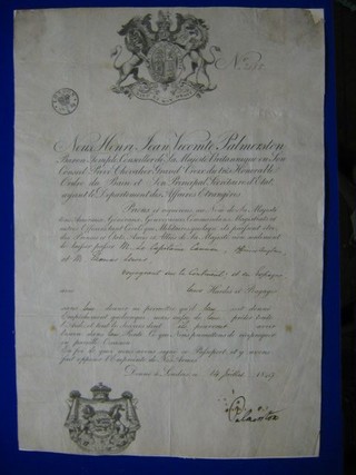 A Victorian Travel Warrant, signed Lord Palmerston, dated 1849