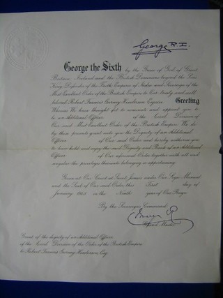 A George VI Letters Patent granting the OBE to Robert F G Henderson, together with 4 correspondences regarding the award