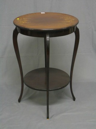 An Edwardian circular inlaid mahogany 2 tier occasional table, raised on cabriole supports 21"