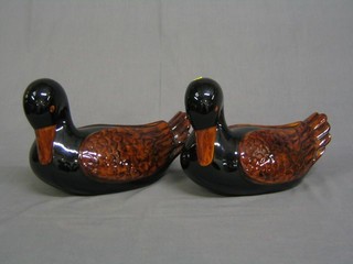 A pair of Oriental carved hardwood figures of ducks 10" and  a collection of 7 Oriental figures of ducks
