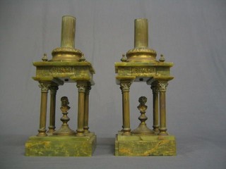 A pair of fine quality 19th Century onyx and gilt metal oil lamp reservoir bases in the form of temples 8"