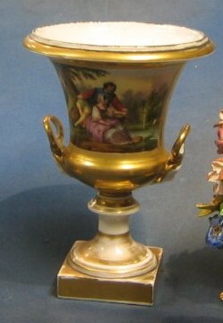 A 19th Century German porcelain twin handled urn with panelled decoration, decorated Romantic scenes, with gilt banding and on a square base 9" (lid missing)