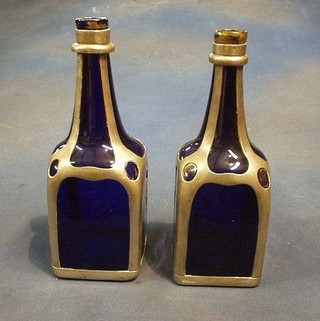 A pair of 18th/19th Century  Continental square Bristol blue bottles with silver mounts, etched a capital A, 10"