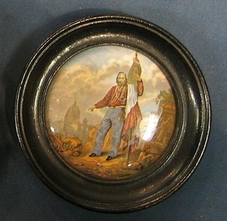 A 19th Century Prattware pot lid "Garibaldi" contained in an ebony socle frame