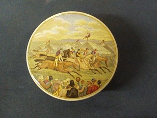 A 19th Century Staffordshire pot lid and base "Derby Day" the interior with paper label for John Burgess & Sons of Welsdon