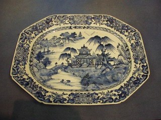 A Nankin porcelain lozenge shaped meat plate decorated The Willow Tree pattern 18"