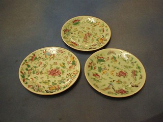 3 19th Century famille vert porcelain plates 7" (1 chipped)