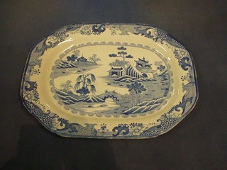 A Nankin porcelain lozenge shaped blue and white Willow pattern plate 16"