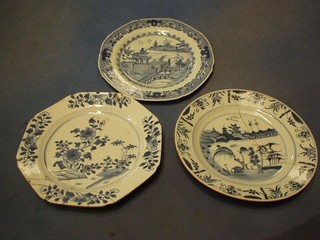 An Oriental blue and white porcelain plate decorated temples 9" (chipped) and 2 other Oriental plates 9" (cracked)