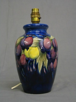 A Moorcroft plumb? pattern vase, converted to a table lamp, the base with signature mark and impressed Moorcroft M94 Made in England 8" (f and r)