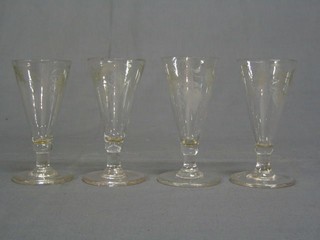 A set of 4 18th Century trumpet shaped glasses, etched vinery 5" (1 chipped)