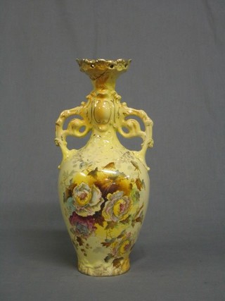 A Victorian pottery yellow glazed twin handled vase with floral decoration, circular tureen and cover decorated Royal Coat of Arms - International Exhibition 1862, moulded glass decanter,  club shaped decanter, Derby style tea ware, silver plated goblet, wooden box and a collection of brass trays