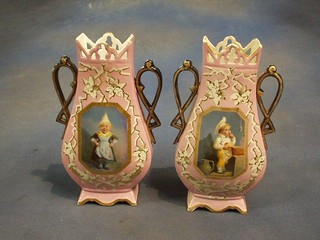 A pair of 19th Century Continental porcelain vases with panel decoration 9" (R)