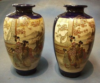 A pair of Late Japanese Satsuma porcelain vases with panel decoration, decorated court figures 13"