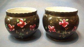2 19th Century pottery black glazed jardinieres