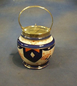A Derby style biscuit barrel with silver plated mounts