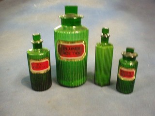 4 19th Century green glass chemists jars - marked Plumbi Acetas, 1 unmarked octagonal shaped jar, 1 marked Ext.Ercotae.l and 1 marked Arent.Nitras