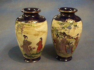 A pair of late Japanese Satsuma porcelain vases decorated court figures 9"