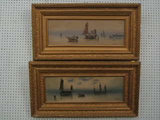 H Kinnand, a pair of Victorian oil paintings on board "Fishing Boats at Dusk" 7" x 21"