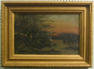 M T, an oil painting on canvas "River Bank at Dusk" monogrammed and dated 1905 10" x 16"