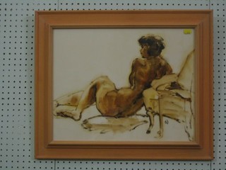 Marion Wilcocks, oil painting on board "Reclining Nude" monogrammed, 14" x 18"