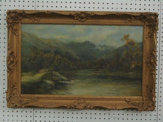 A 20th Century oil painting on canvas "Study of a Loch with Mountains and Sheep" 11" x 19"