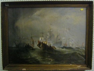 18th/19th Century oil on canvas "Continental Galleons with Tenders, Figures etc" 21" x 29"