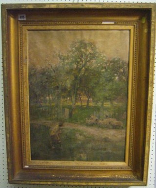 May Lyon?, 19th Century oil painting on canvas "Sheep in Wooded Area with Track and Lady at Pond with Jug" signed and dated 1891? 24" x 18" contained in a decorative gilt frame
