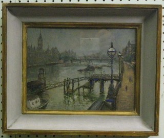 Pierro San Salvadore, impressionist oil on canvas "London The Thames From Lambeth Bridge, a View of The Palace of Westminster" the reverse inscribed and with Fine Art Society Label 7" x 9 1/2"