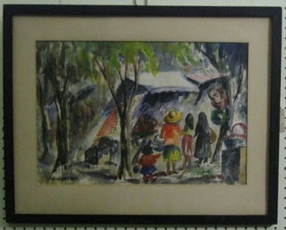 Hingston, a Continental impressionist watercolour "Market Scene with Figures" 11" x 15"