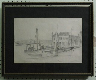 Loggos, pencil drawing "Quay with Fishing Boats and Building" 8" x 11"