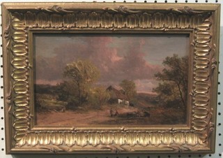18th/19th Century oil painting on board "Figure with Cottage" labelled to reverse painted by Adam Barlands "A View Near Hampstead" 7" x 10"