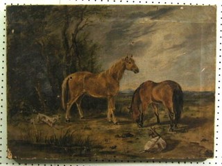 An 18th/19th Century oil painting on canvas "Two Standing Horses with Dogs and Goat" 18" x 24"