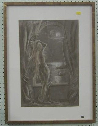 Mykola Znoba, a pencil drawing "Standing Naked Lady Looking Out on a Moonlit Bay with Light House" 17" x 11"