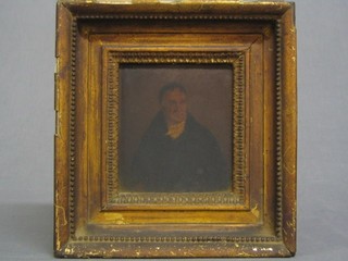 A 19th Century oil on board head and shoulders portrait "Gentleman" the reverse marked Portrait of a Valet by Slayer 6" x 5"