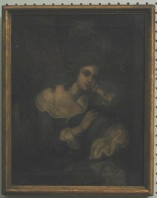 An 18th Century oil painting on canvas head and shoulders portrait "Interior Scene with Lady" 13" x 11"