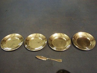 3 circular silver dishes, 2" and a silver butter knife