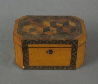 A 19th Century satinwood rectangular caddy, (the hinged lid f), the top with parquetry decoration (requires attention) 9"