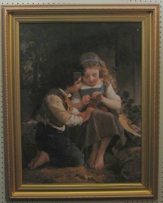 19th Century style Romantic coloured print "Children Knitting" 23" x 17"