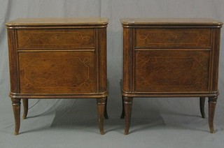 A pair of French 19th/20th Century figured maple D shaped bedside cabinets, fitted 1 long drawer and cupboard, raised on splayed feet 22"